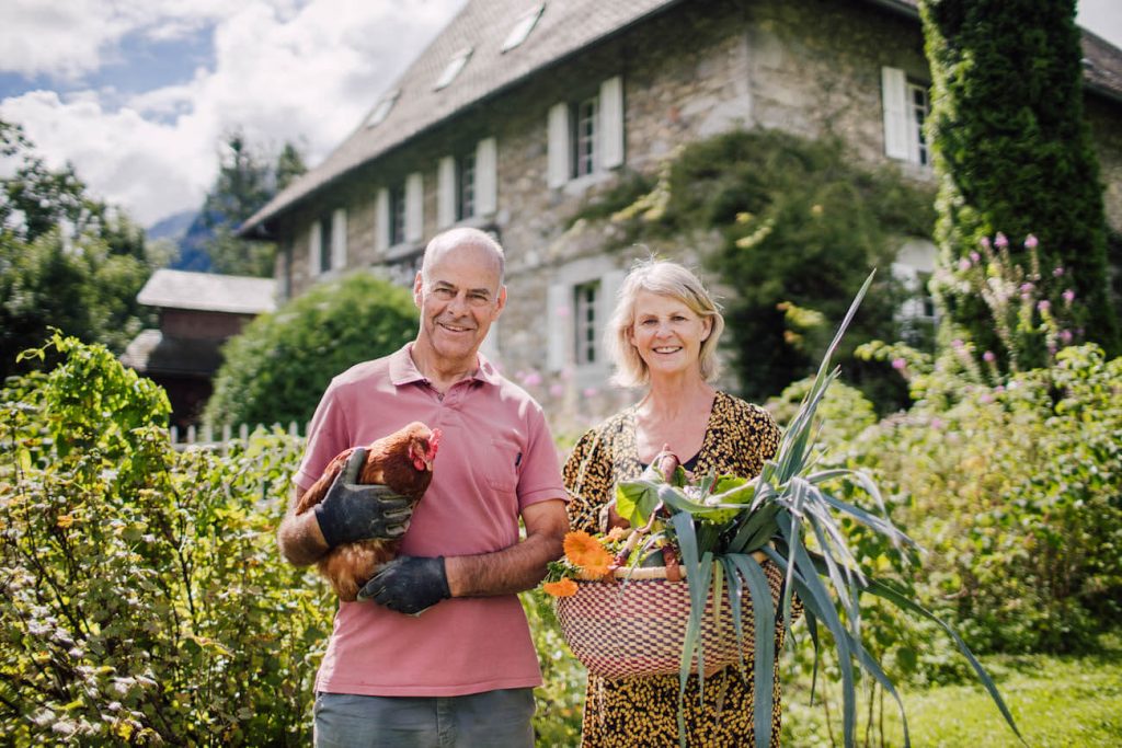 Dorrien and Di outside the Farmhouse hotel in Morzine